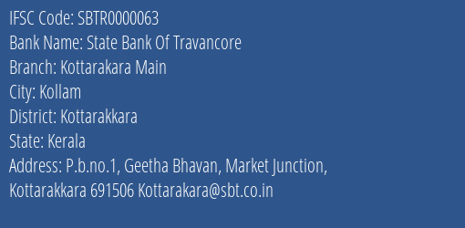 State Bank Of Travancore Kottarakara Main Branch Kottarakkara IFSC Code SBTR0000063
