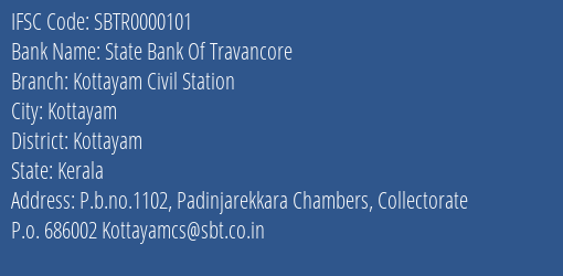 State Bank Of Travancore Kottayam Civil Station Branch, Branch Code 000101 & IFSC Code SBTR0000101