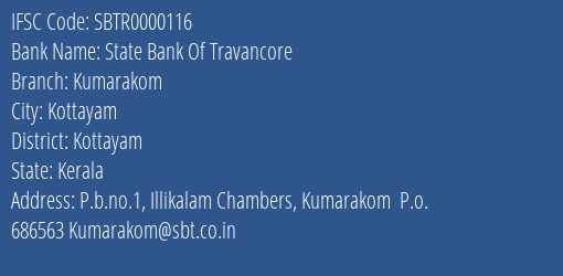 State Bank Of Travancore Kumarakom Branch, Branch Code 000116 & IFSC Code SBTR0000116