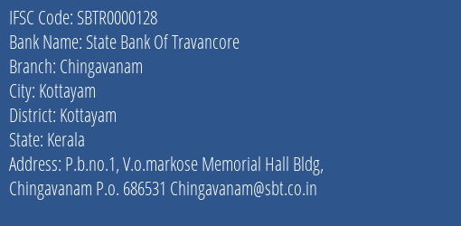 State Bank Of Travancore Chingavanam Branch Kottayam IFSC Code SBTR0000128
