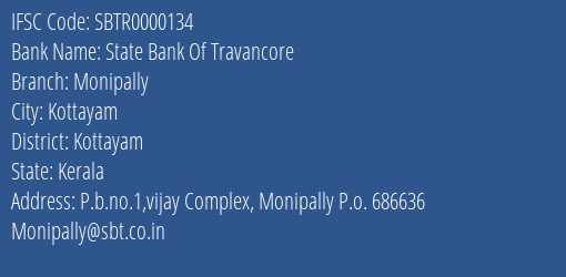 State Bank Of Travancore Monipally Branch Kottayam IFSC Code SBTR0000134