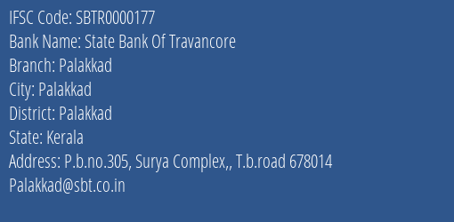 State Bank Of Travancore Palakkad Branch, Branch Code 000177 & IFSC Code SBTR0000177