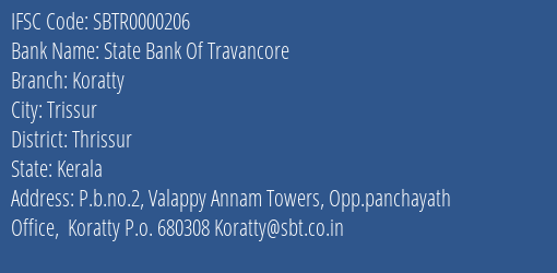State Bank Of Travancore Koratty Branch IFSC Code