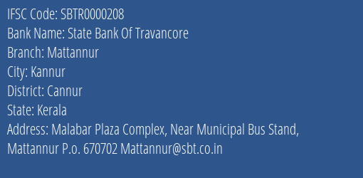 State Bank Of Travancore Mattannur Branch, Branch Code 000208 & IFSC Code SBTR0000208