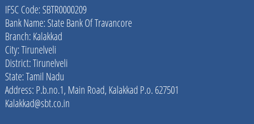 State Bank Of Travancore Kalakkad Branch, Branch Code 000209 & IFSC Code SBTR0000209