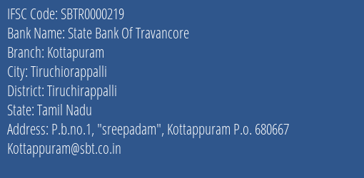 State Bank Of Travancore Kottapuram Branch Tiruchirappalli IFSC Code SBTR0000219