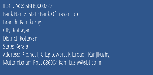 State Bank Of Travancore Kanjikuzhy Branch Kottayam IFSC Code SBTR0000222