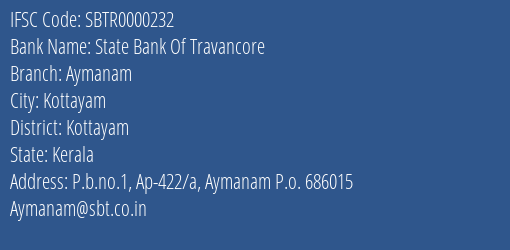 State Bank Of Travancore Aymanam Branch Kottayam IFSC Code SBTR0000232