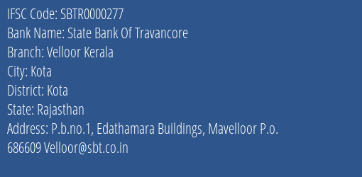 State Bank Of Travancore Velloor Kerala Branch, Branch Code 000277 & IFSC Code SBTR0000277