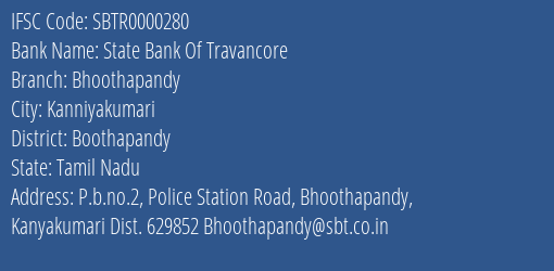 State Bank Of Travancore Bhoothapandy Branch Boothapandy IFSC Code SBTR0000280
