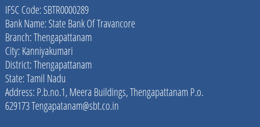 State Bank Of Travancore Thengapattanam Branch Thengapattanam IFSC Code SBTR0000289