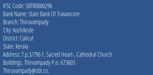 State Bank Of Travancore Thiruvampady Branch Calicut IFSC Code SBTR0000296