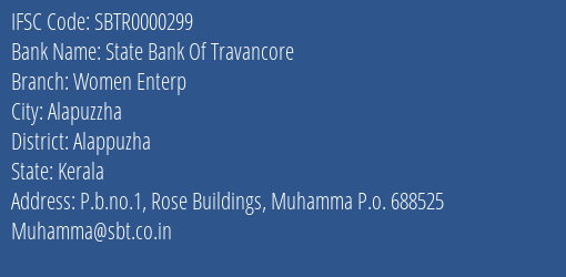 State Bank Of Travancore Women Enterp Branch Alappuzha IFSC Code SBTR0000299