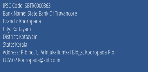 State Bank Of Travancore Kooropada Branch Kottayam IFSC Code SBTR0000363