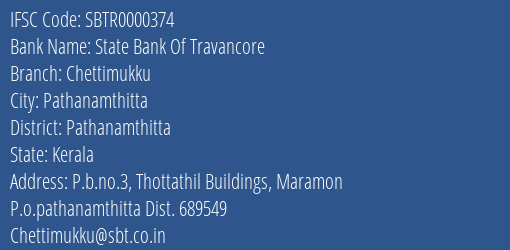 State Bank Of Travancore Chettimukku Branch IFSC Code