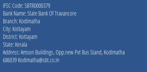 State Bank Of Travancore Kodimatha Branch Kottayam IFSC Code SBTR0000379