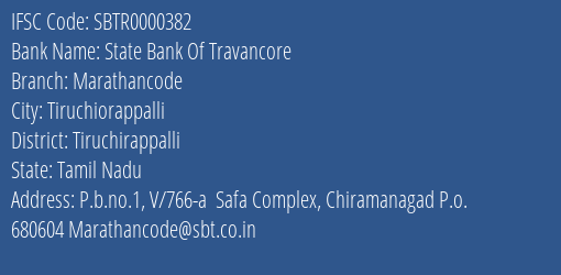 State Bank Of Travancore Marathancode Branch Tiruchirappalli IFSC Code SBTR0000382
