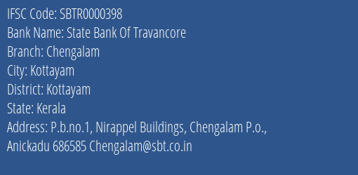 State Bank Of Travancore Chengalam Branch, Branch Code 000398 & IFSC Code Sbtr0000398