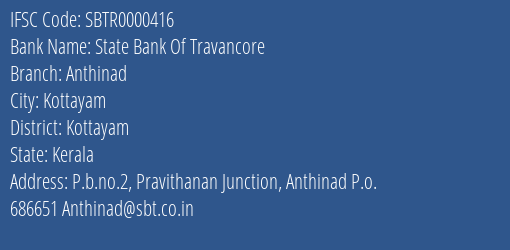 State Bank Of Travancore Anthinad Branch Kottayam IFSC Code SBTR0000416