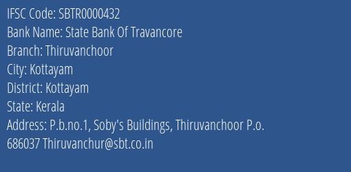 State Bank Of Travancore Thiruvanchoor Branch Kottayam IFSC Code SBTR0000432