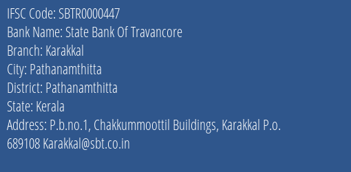 State Bank Of Travancore Karakkal Branch Pathanamthitta IFSC Code SBTR0000447