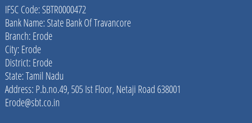 State Bank Of Travancore Erode Branch Erode IFSC Code SBTR0000472