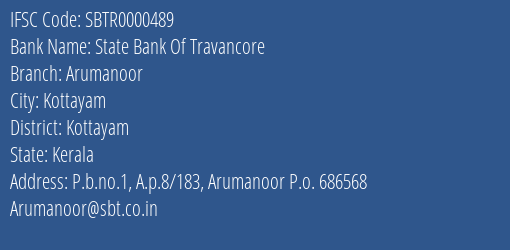 State Bank Of Travancore Arumanoor Branch Kottayam IFSC Code SBTR0000489