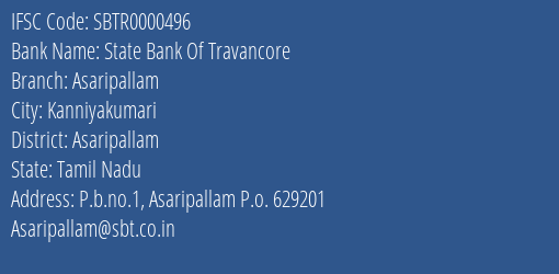 State Bank Of Travancore Asaripallam Branch Asaripallam IFSC Code SBTR0000496