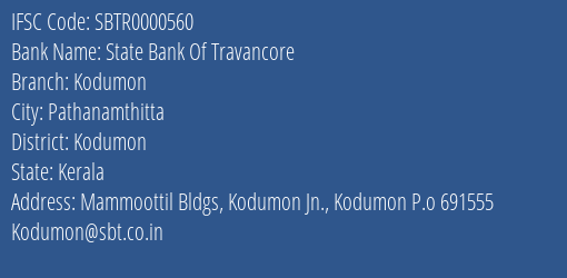 State Bank Of Travancore Kodumon Branch, Branch Code 000560 & IFSC Code SBTR0000560
