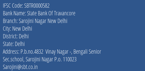 State Bank Of Travancore Sarojini Nagar New Delhi Branch, Branch Code 000582 & IFSC Code Sbtr0000582