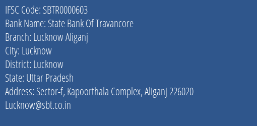 State Bank Of Travancore Lucknow Aliganj Branch, Branch Code 000603 & IFSC Code SBTR0000603