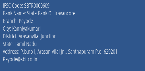 State Bank Of Travancore Peyode Branch Arasanvilai Junction IFSC Code SBTR0000609