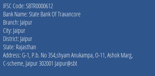 State Bank Of Travancore Jaipur Branch, Branch Code 000612 & IFSC Code SBTR0000612