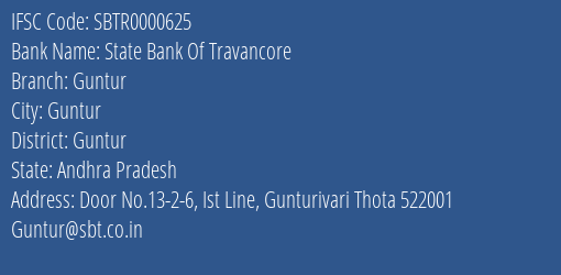 State Bank Of Travancore Guntur Branch, Branch Code 000625 & IFSC Code SBTR0000625