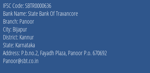 State Bank Of Travancore Panoor Branch, Branch Code 000636 & IFSC Code SBTR0000636