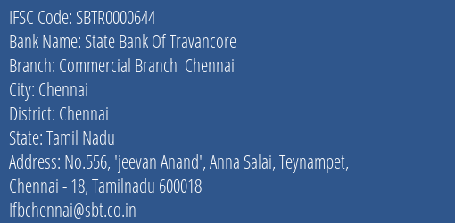 State Bank Of Travancore Commercial Branch Chennai Branch Chennai IFSC Code SBTR0000644