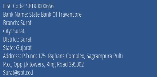 State Bank Of Travancore Surat Branch, Branch Code 000656 & IFSC Code SBTR0000656