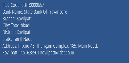State Bank Of Travancore Kovilpatti Branch Kovilpatti IFSC Code SBTR0000657