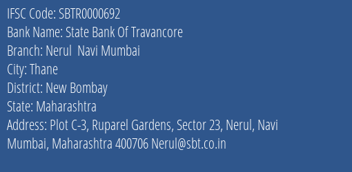 State Bank Of Travancore Nerul Navi Mumbai Branch, Branch Code 000692 & IFSC Code SBTR0000692