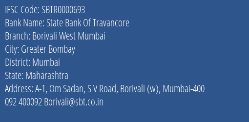State Bank Of Travancore Borivali West Mumbai Branch Mumbai IFSC Code SBTR0000693