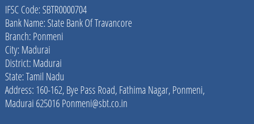 State Bank Of Travancore Ponmeni Branch, Branch Code 000704 & IFSC Code SBTR0000704