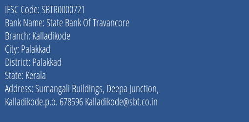 State Bank Of Travancore Kalladikode Branch, Branch Code 000721 & IFSC Code SBTR0000721