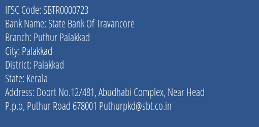 State Bank Of Travancore Puthur Palakkad Branch, Branch Code 000723 & IFSC Code SBTR0000723