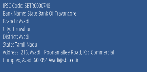 State Bank Of Travancore Avadi Branch Avadi IFSC Code SBTR0000748