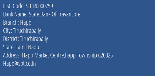State Bank Of Travancore Happ Branch Tiruchirapally IFSC Code SBTR0000759