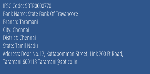 State Bank Of Travancore Taramani Branch Chennai IFSC Code SBTR0000770