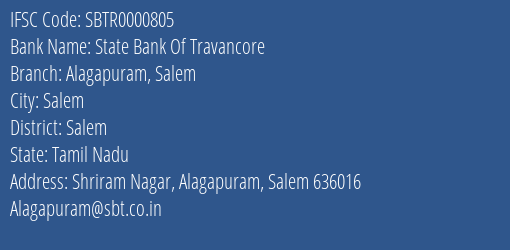 State Bank Of Travancore Alagapuram Salem Branch Salem IFSC Code SBTR0000805