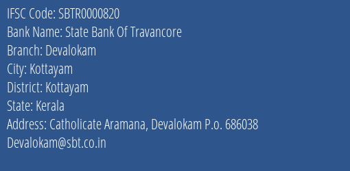 State Bank Of Travancore Devalokam Branch Kottayam IFSC Code SBTR0000820