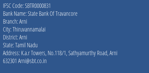 State Bank Of Travancore Arni Branch Arni IFSC Code SBTR0000831