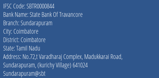 State Bank Of Travancore Sundarapuram Branch Coimbatore IFSC Code SBTR0000844